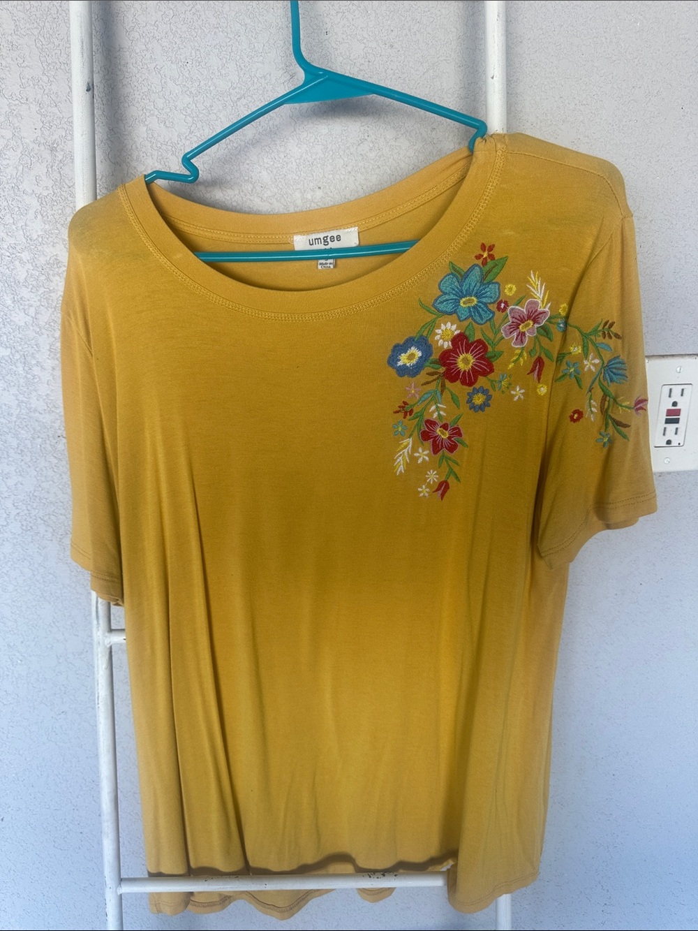 Umgee Mustard Short Sleeve Top with Multicolor Floral Embroidery